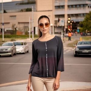 Women's Cardigan SNT Black Purple Striped Sweater Button Up Cropped Sleeves Top